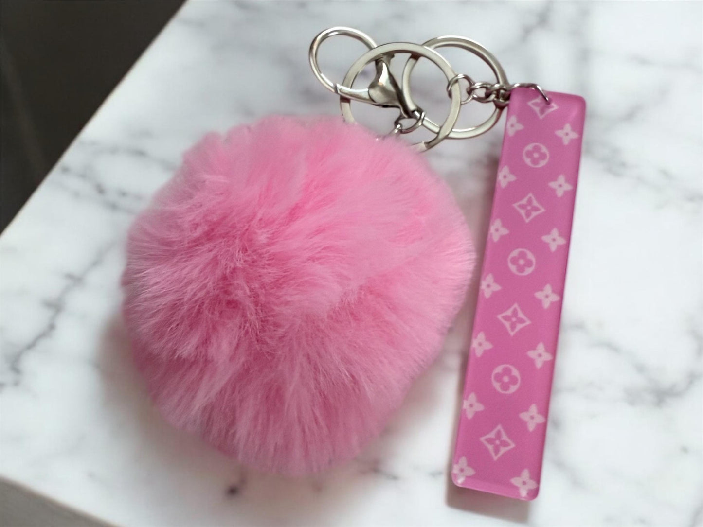 Card Holder Keychain in Pink Cotton Candy with Pink Pom Pom