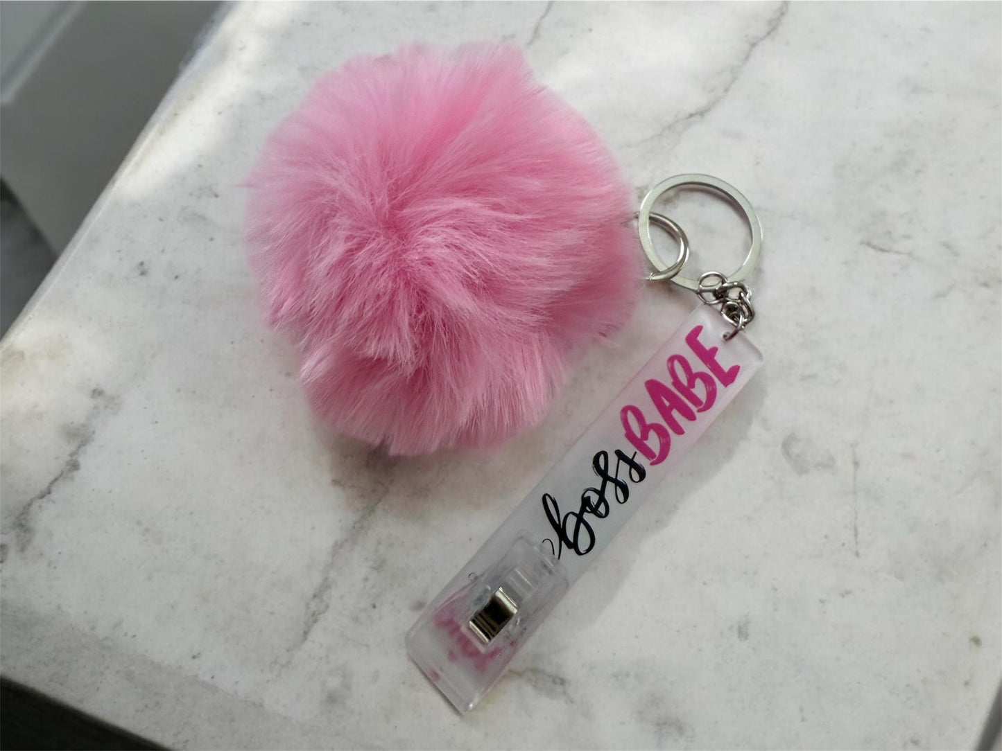 Card Holder Keychain in Pink and White with Pink Pom Pom