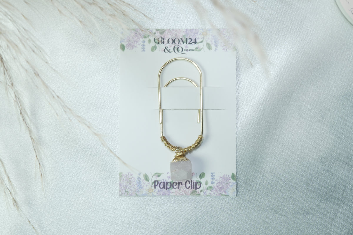 Gold Paper Clip with Pink Stone Charm
