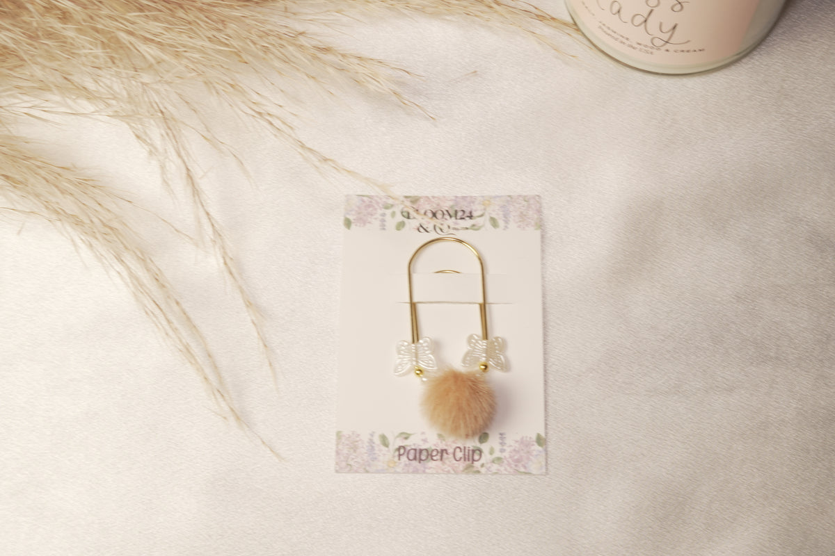 Gold Paper Clip with Mauve Pom & Flower Beads