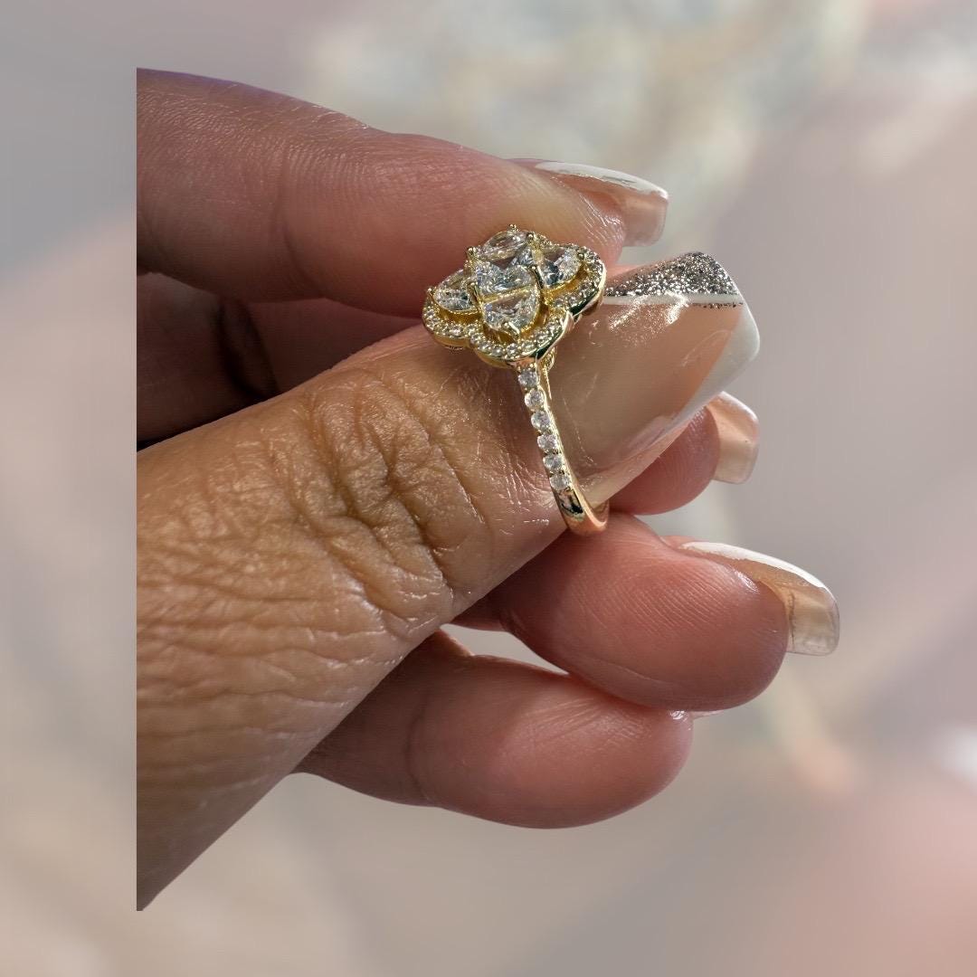Luxury Brand 18k Gold Plated Four Leaf Clover Statement Ring with Zircon Stones