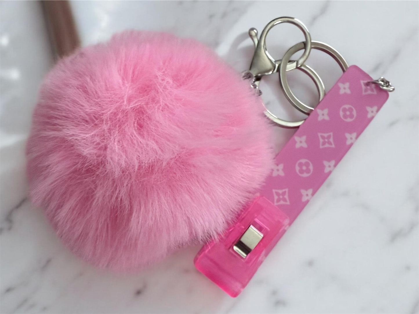 Card Holder Keychain in Pink Cotton Candy with Pink Pom Pom