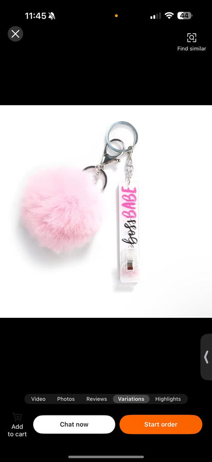 Card Holder Keychain in Pink and White with Pink Pom Pom