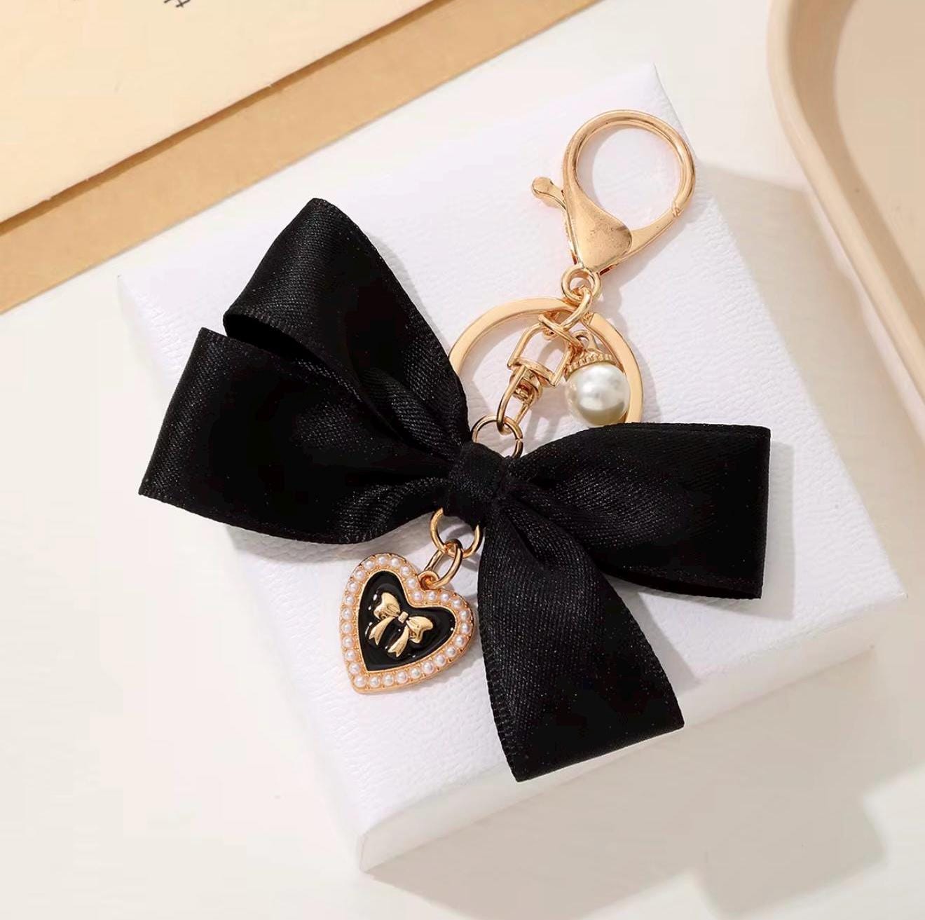 Cute Bow Keychain in Pink, Grey, Beige, and Black