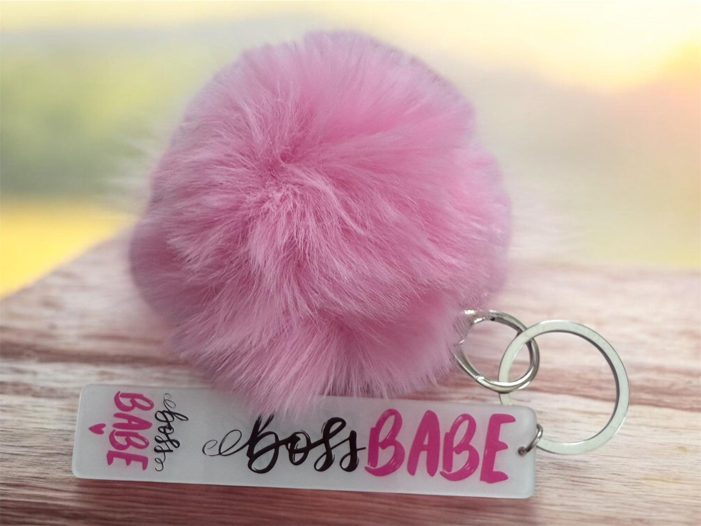 Card Holder Keychain in Pink and White with Pink Pom Pom