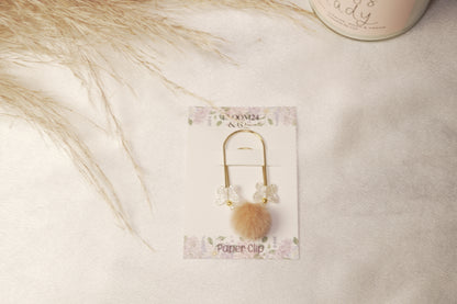 Gold Paper Clip with Mauve Pom & Flower Beads