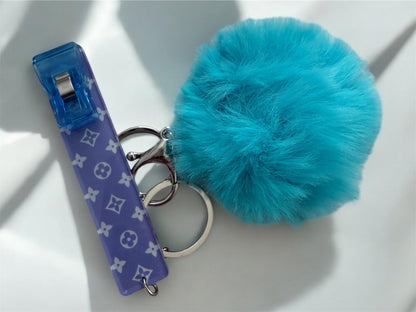 Card Holder Keychain in Blue Cotton Candy with Blue Pom Pom