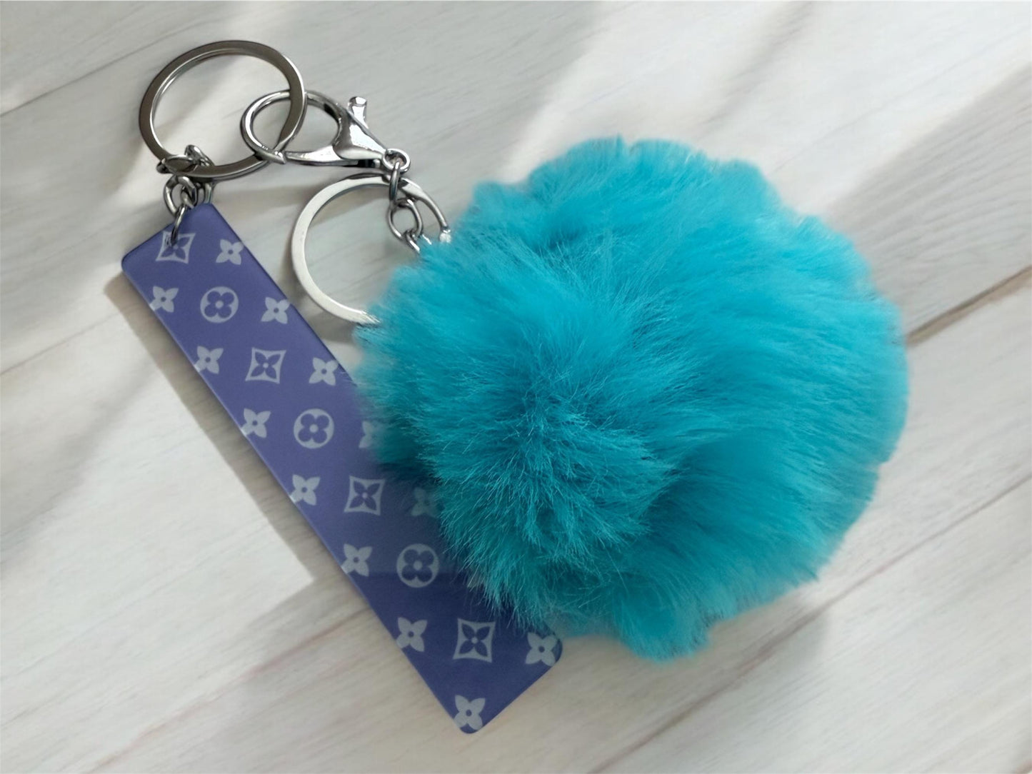 Card Holder Keychain in Blue Cotton Candy with Blue Pom Pom