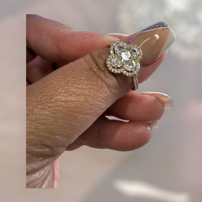 Luxury Brand 18k Gold Plated Four Leaf Clover Statement Ring with Zircon Stones