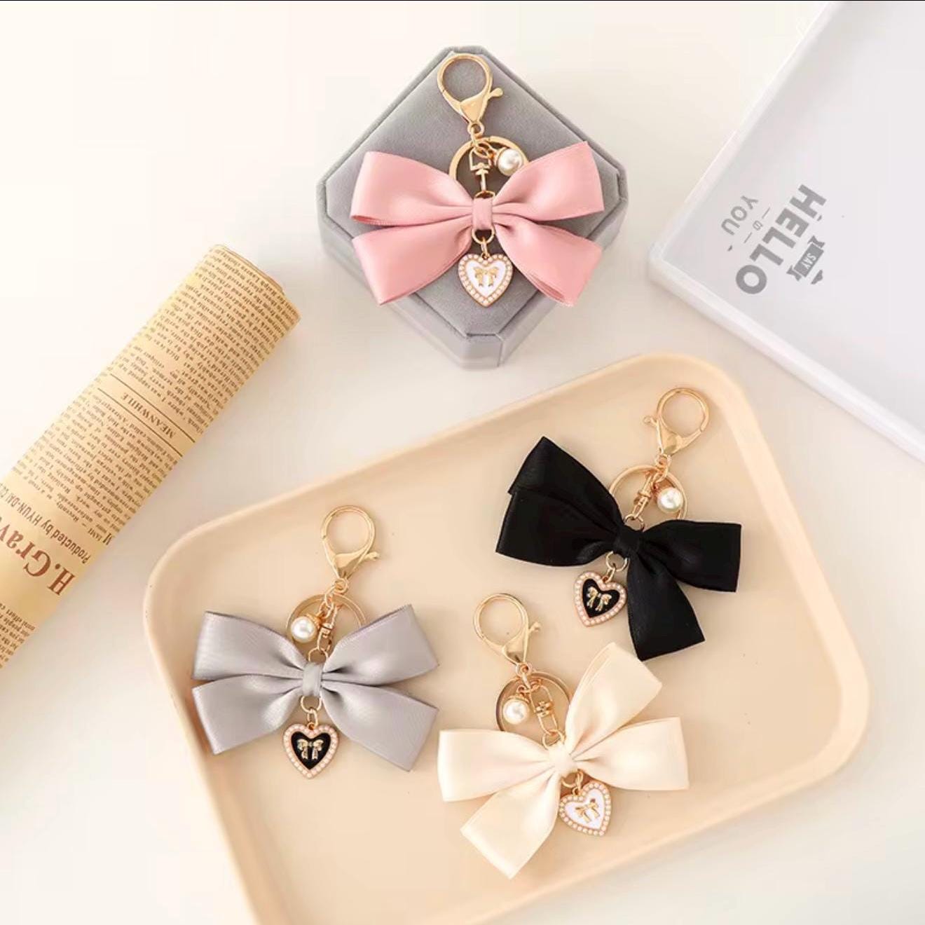 Cute Bow Keychain in Pink, Grey, Beige, and Black